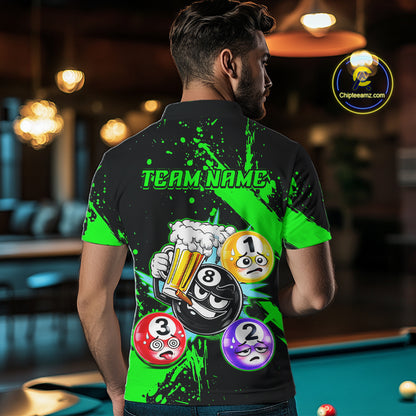 Custom Green Funny 8 Ball Pool Billiard Team Shirts for Men Billiard League Jersey Polo &1/4 Zip BHT2