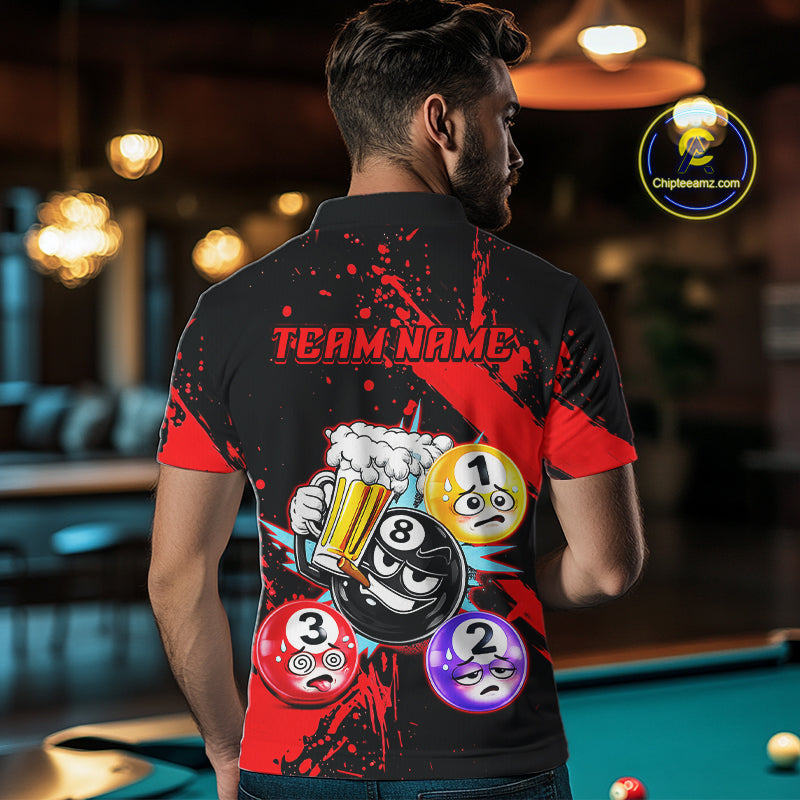 Custom Red Funny 8 Ball Pool Billiard Team Shirts for Men Billiard League Jersey Polo &1/4 Zip BHT2