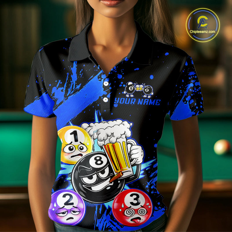 Custom Blue Funny 8 Ball Pool Billiard Team Shirts for Women Billiard League Jersey Polo &1/4 Zip BHT2