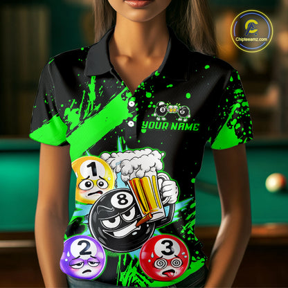 Custom Green Funny 8 Ball Pool Billiard Team Shirts for Women Billiard League Jersey Polo &1/4 Zip BHT2