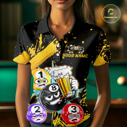 Custom Yellow Funny 8 Ball Pool Billiard Team Shirts for Women Billiard League Jersey Polo &1/4 Zip BHT2