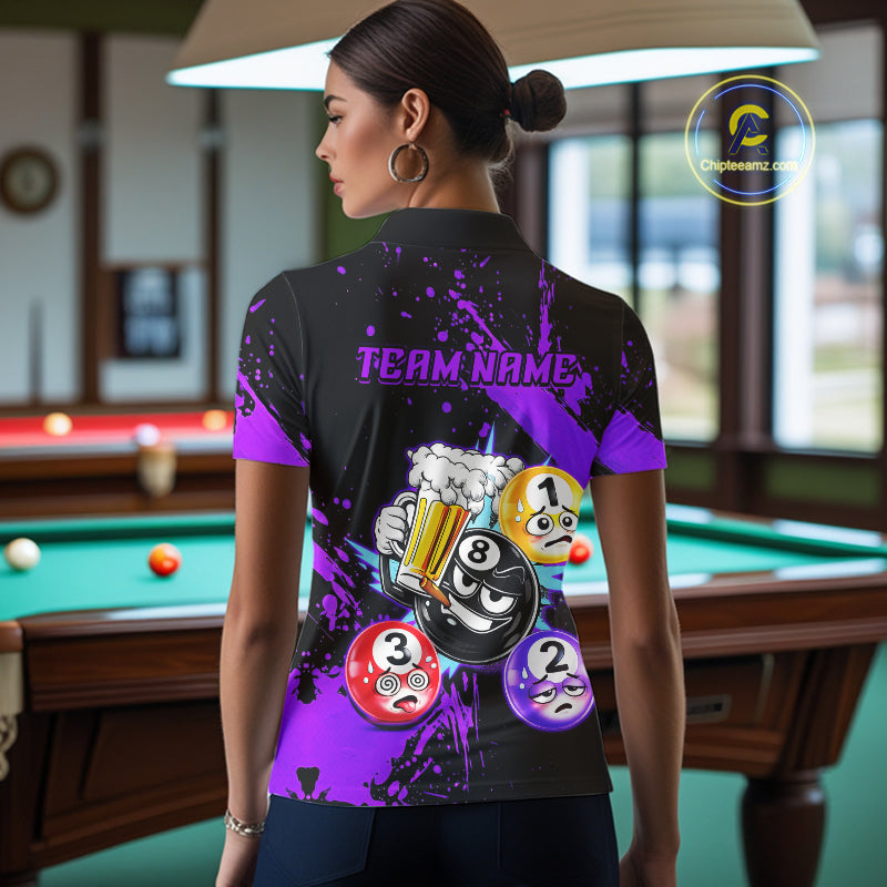 Custom Purple Funny 8 Ball Pool Billiard Team Shirts for Women Billiard League Jersey Polo &1/4 Zip BHT2