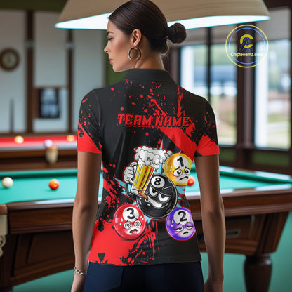 Custom Red Funny 8 Ball Pool Billiard Team Shirts for Women Billiard League Jersey Polo &1/4 Zip BHT2