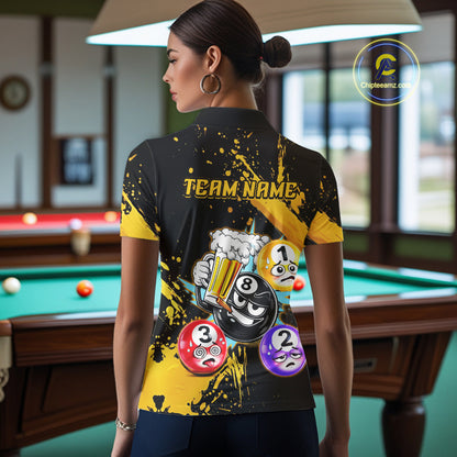 Custom Yellow Funny 8 Ball Pool Billiard Team Shirts for Women Billiard League Jersey Polo &1/4 Zip BHT2