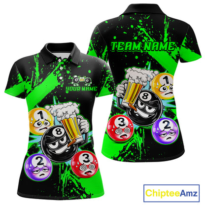 Custom Green Funny 8 Ball Pool Billiard Team Shirts for Women Billiard League Jersey Polo &1/4 Zip BHT2