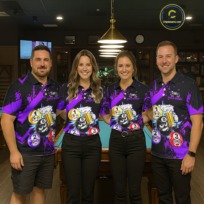 Custom Purple Funny 8 Ball Pool Billiard Team Shirts for Men Billiard League Jersey Polo &1/4 Zip BHT2