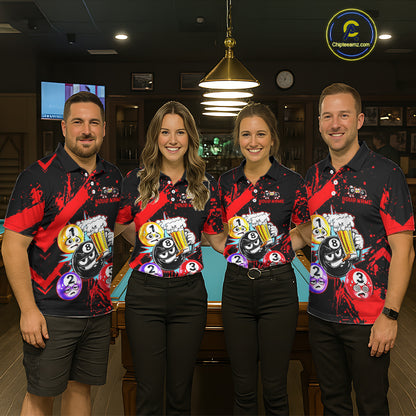 Custom Red Funny 8 Ball Pool Billiard Team Shirts for Men Billiard League Jersey Polo &1/4 Zip BHT2