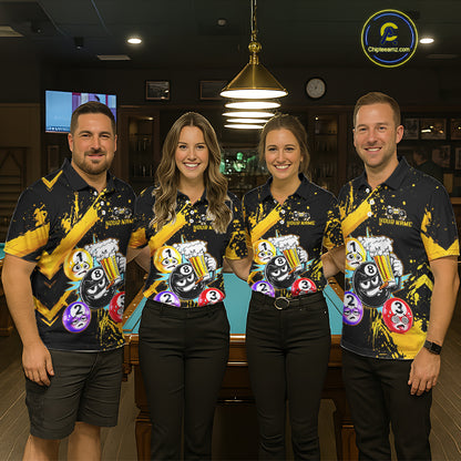 Custom Yellow Funny 8 Ball Pool Billiard Team Shirts for Men Billiard League Jersey Polo &1/4 Zip BHT2