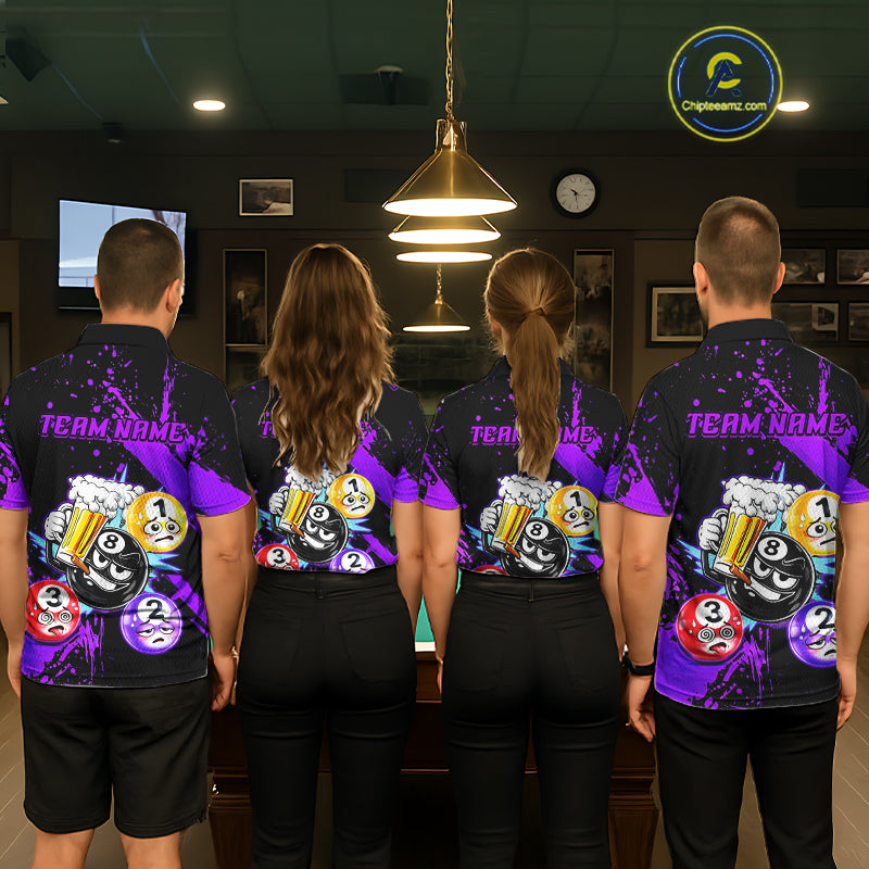Custom Purple Funny 8 Ball Pool Billiard Team Shirts for Men Billiard League Jersey Polo &1/4 Zip BHT2