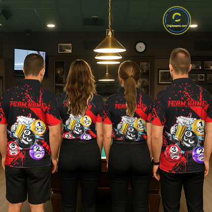 Custom Red Funny 8 Ball Pool Billiard Team Shirts for Men Billiard League Jersey Polo &1/4 Zip BHT2