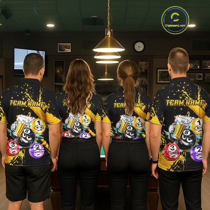 Custom Yellow Funny 8 Ball Pool Billiard Team Shirts for Men Billiard League Jersey Polo &1/4 Zip BHT2