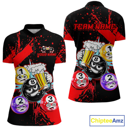 Custom Red Funny 8 Ball Pool Billiard Team Shirts for Women Billiard League Jersey Polo &1/4 Zip BHT2