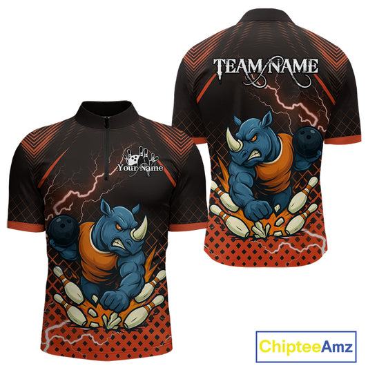 Custom Funny Orange Rhino Bowling Team Shirt for Men Bowling Jersey Polo, Quarter-Zip Outfit QZT805