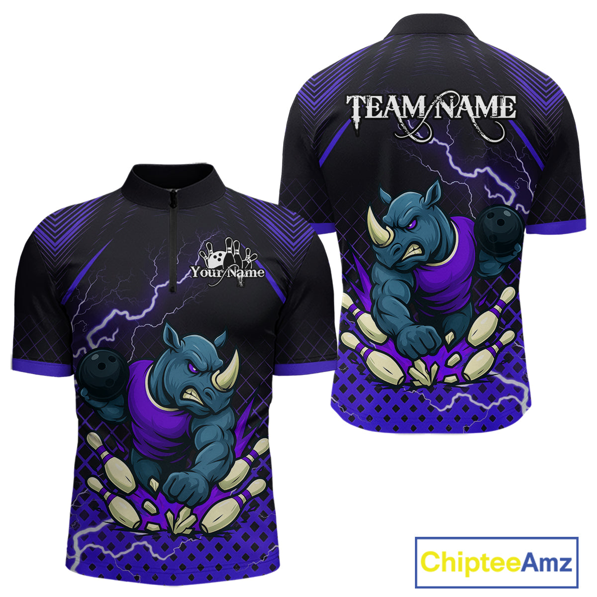 Custom Funny Purple Rhino Bowling Team Shirt for Men Bowling Jersey Polo, Quarter-Zip Outfit QZT805
