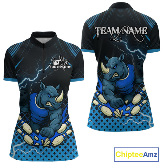 Custom Funny Blue Rhino Bowling Team Shirt for Women Bowling Jersey Polo, Quarter-Zip Outfit QZT805