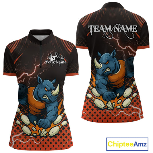 Custom Funny Orange Rhino Bowling Team Shirt for Women Bowling Jersey Polo, Quarter-Zip Outfit QZT805