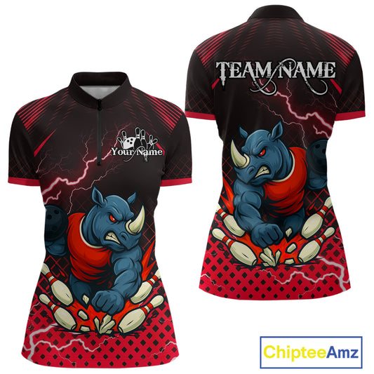 Custom Funny Red Rhino Bowling Team Shirt for Women Bowling Jersey Polo, Quarter-Zip Outfit QZT805
