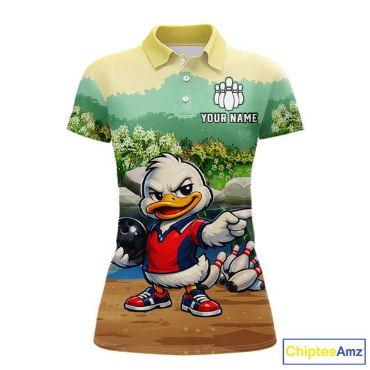 Polo shirt with cartoon duck design and customizable text on a white background