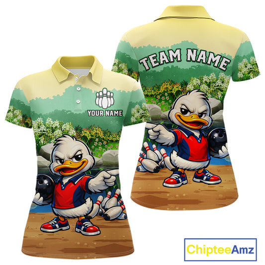 Front and back view mockup with a cartoon duck character and customizable text on a white background.