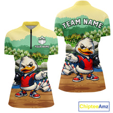 Load image into Gallery viewer, Front and back view mockup with a cartoon duck character and customizable text on a white background.