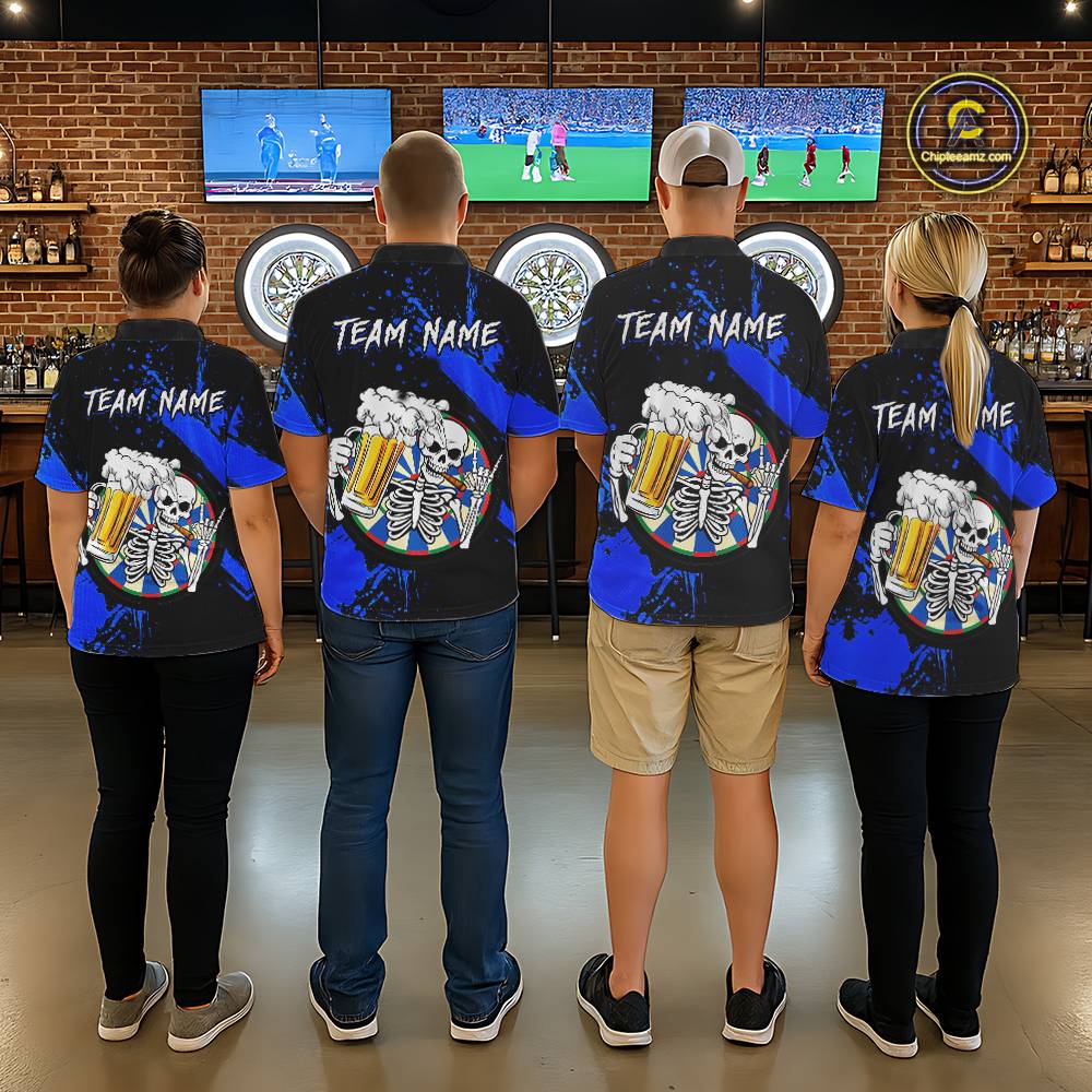 Custom Blue Skeleton Dart Jersey for Team Polo & 1/4 Zip Beer Dartboard Shirts Dart Jerseys Gift for Men DHT3