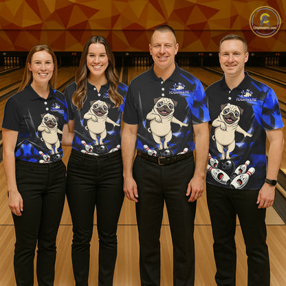 Custom Blue Funny Pug Dog Bowling League Shirt for Women Polo & 1/4-Zip Bowling Jersey for Team QZT906