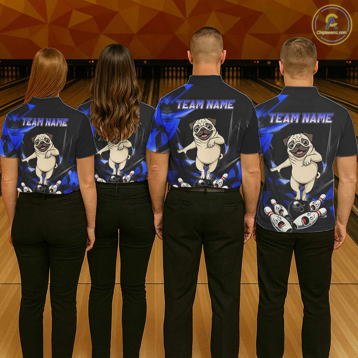 Custom Blue Funny Pug Dog Bowling League Shirt for Women Polo & 1/4-Zip Bowling Jersey for Team QZT906