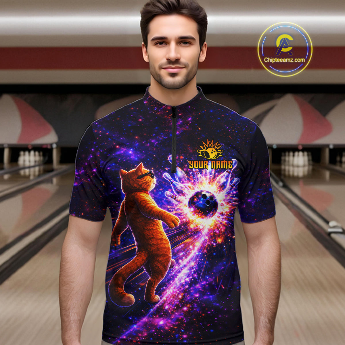 Galaxy Funny Cat Bowling Shirt for Men Custom Bowling League Jersey Polo & Quarter-Zip Bowler Gift QZT918
