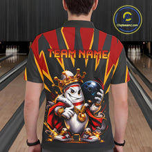 Load image into Gallery viewer, Person wearing a bowling-themed shirt with graphics and text in a bowling alley.