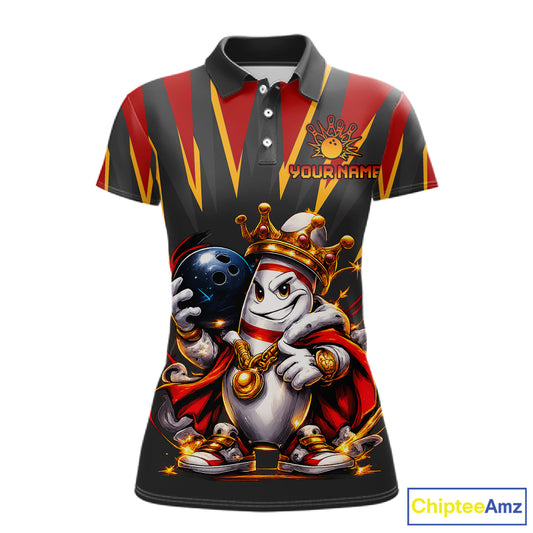 Polo shirt with a cartoon character holding a bowling ball and crown, with 'ChipteeAmz' branding.