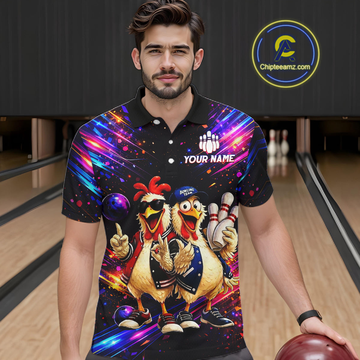 Custom Neon Funny Chicken Bowling Team Jersey for Men Bowling Shirt Bowling Tournament Polo & 1/4-Zip QZT956