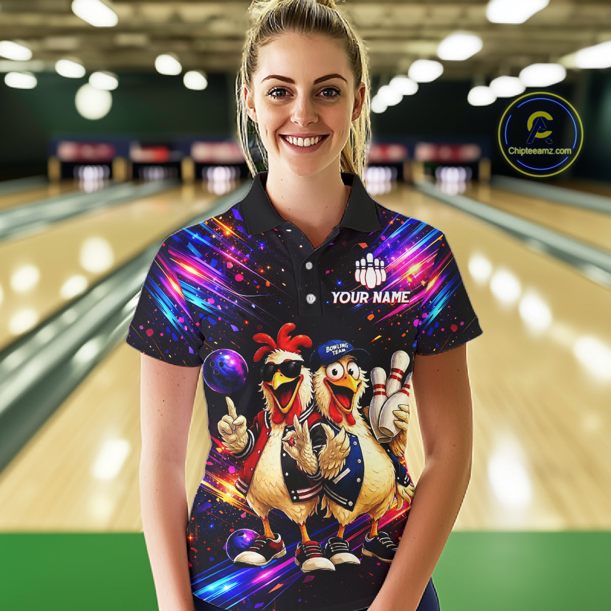 Custom Neon Funny Chicken Bowling Team Jersey for Women Bowling Buddy Shirt Bowling Tournament Polo & Quarter-Zip QZT956
