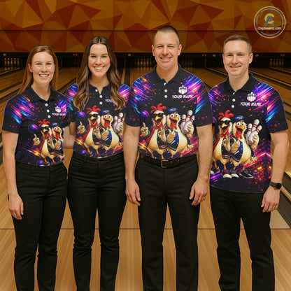 Custom Neon Funny Chicken Bowling Team Jersey for Men Bowling Shirt Bowling Tournament Polo & 1/4-Zip QZT956
