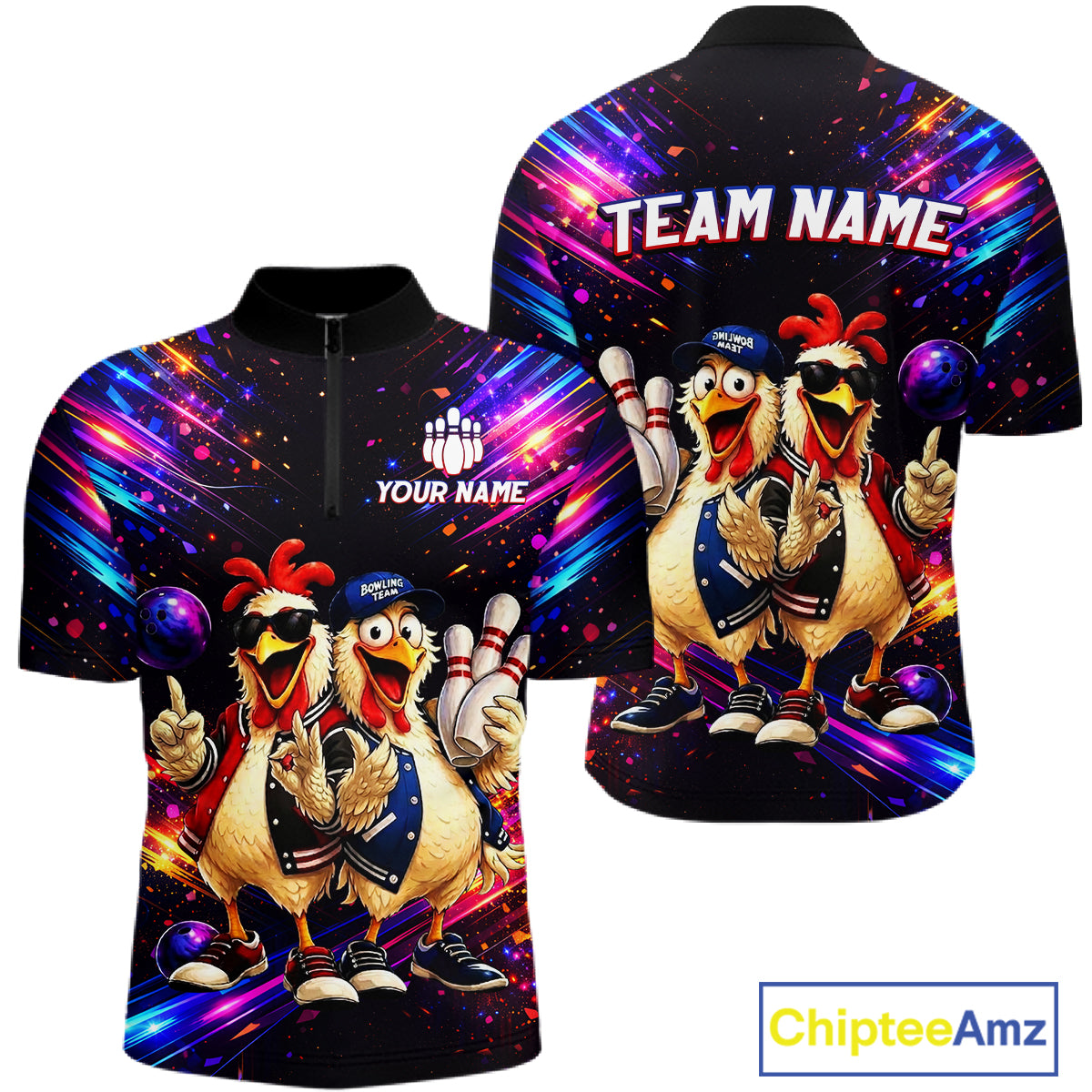 Custom Neon Funny Chicken Bowling Team Jersey for Men Bowling Shirt Bowling Tournament Polo & 1/4-Zip QZT956