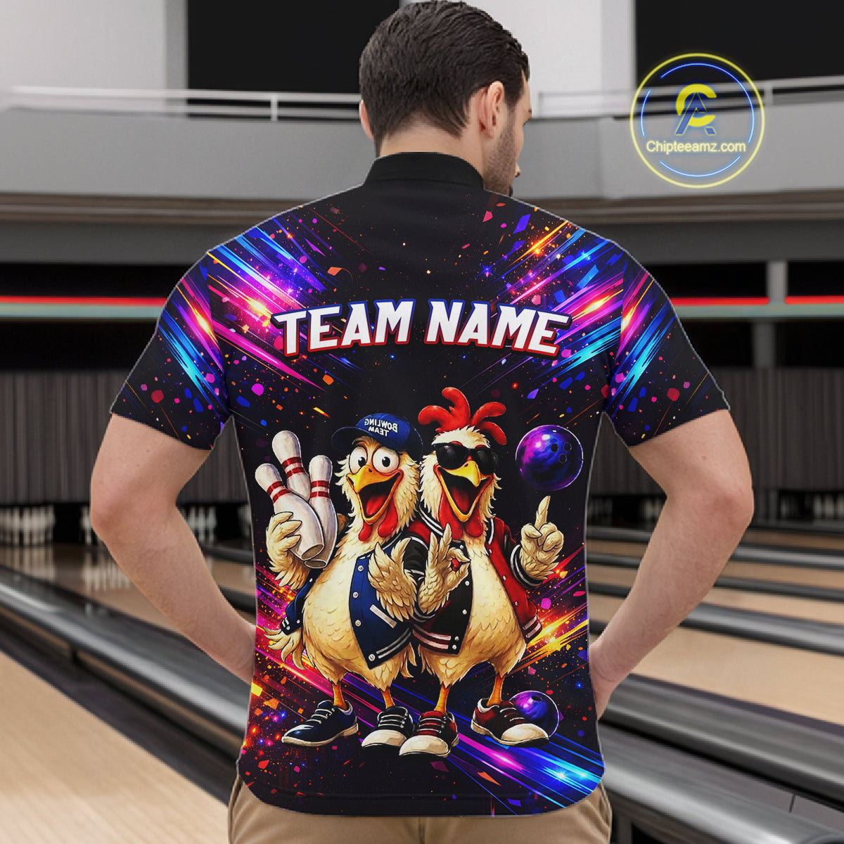 Custom Neon Funny Chicken Bowling Team Jersey for Men Bowling Shirt Bowling Tournament Polo & 1/4-Zip QZT956