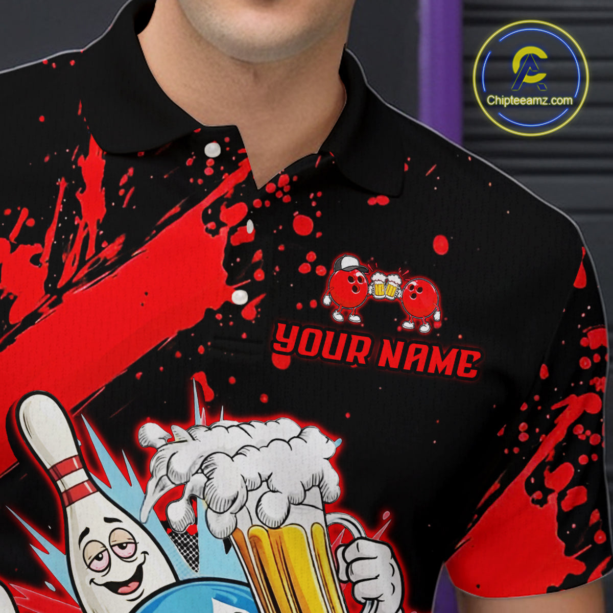 Custom Red Funny Beer Bowling Shirt for Men Bowling League Jersey Polo 1/4 Zip Bowling Outfit QZT822