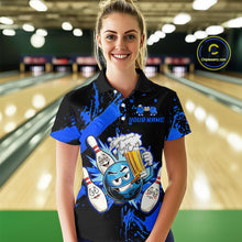 Load image into Gallery viewer, Custom Blue Funny Beer Bowling Shirt for Women Bowling League Jersey Polo 1/4 Zip Bowling Outfit QZT822