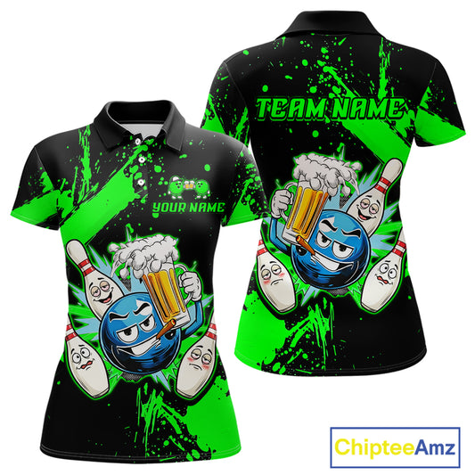Custom Green Funny Beer Bowling Shirt for Women Bowling League Jersey Polo 1/4 Zip Bowling Outfit QZT822