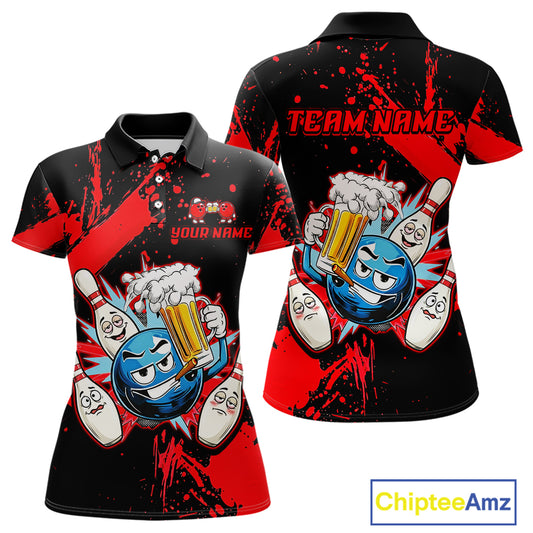 Custom Red Funny Beer Bowling Shirt for Women Bowling League Jersey Polo 1/4 Zip Bowling Outfit QZT822