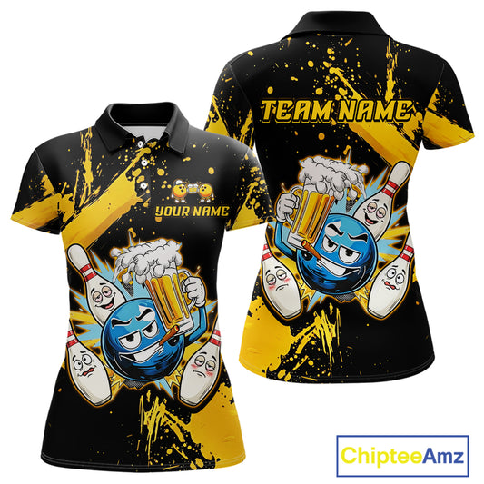 Custom Yellow Funny Beer Bowling Shirt for Women Bowling League Jersey Polo 1/4 Zip Bowling Outfit QZT822