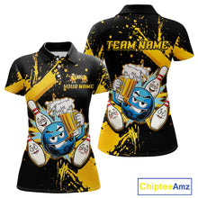Load image into Gallery viewer, Custom Yellow Funny Beer Bowling Shirt for Women Bowling League Jersey Polo 1/4 Zip Bowling Outfit QZT822