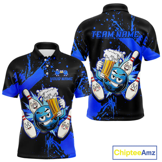 Custom Blue Funny Beer Bowling Shirt for Men Bowling League Jersey Polo 1/4 Zip Bowling Outfit QZT822