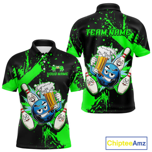 Custom Green Funny Beer Bowling Shirt for Men Bowling League Jersey Polo 1/4 Zip Bowling Outfit QZT822