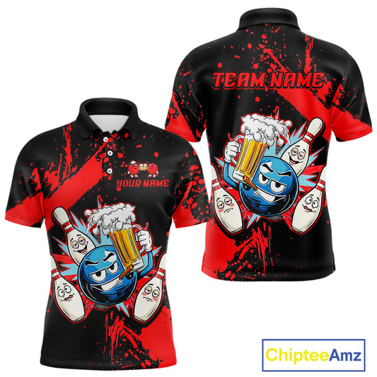 Custom Red Funny Beer Bowling Shirt for Men Bowling League Jersey Polo 1/4 Zip Bowling Outfit QZT822