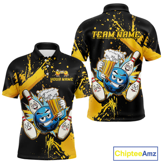 Custom Yellow Funny Beer Bowling Shirt for Men Bowling League Jersey Polo 1/4 Zip Bowling Outfit QZT822