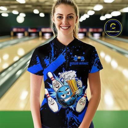 Custom Blue Funny Beer Bowling Shirt for Women Bowling League Jersey Polo 1/4 Zip Bowling Outfit QZT822