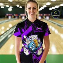 Load image into Gallery viewer, Custom Purple Funny Beer Bowling Shirt for Women Bowling League Jersey Polo 1/4 Zip Bowling Outfit QZT822