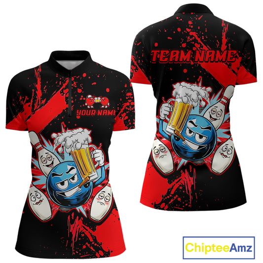 Custom Red Funny Beer Bowling Shirt for Women Bowling League Jersey Polo 1/4 Zip Bowling Outfit QZT822