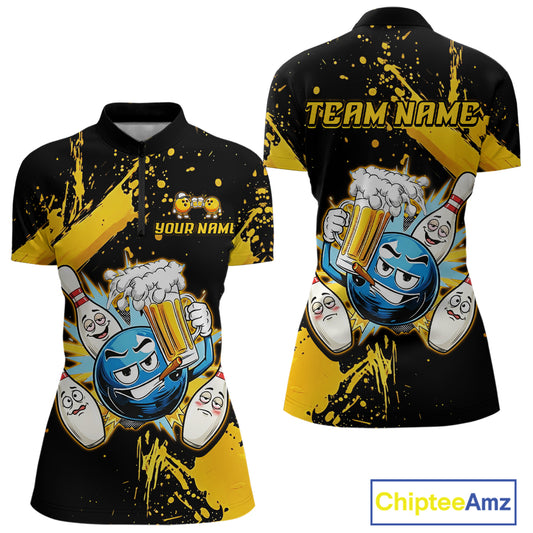 Custom Yellow Funny Beer Bowling Shirt for Women Bowling League Jersey Polo 1/4 Zip Bowling Outfit QZT822