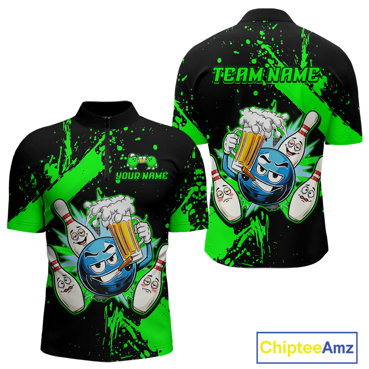 Custom Green Funny Beer Bowling Shirt for Men Bowling League Jersey Polo 1/4 Zip Bowling Outfit QZT822